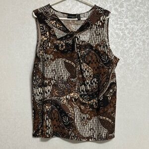 Attitudes by Renée Brown Paisley Sleeveless Blouse Keyhole Jersey Twist Top 1X‎